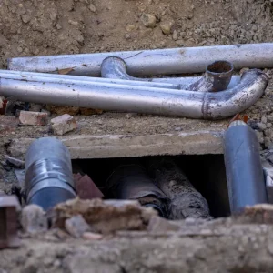 Exposed irrigation pipes in a trench